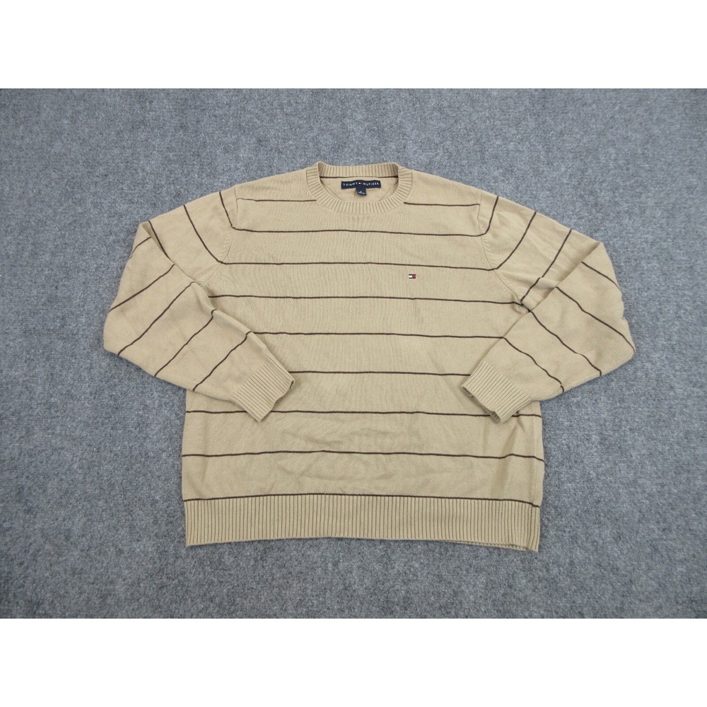 Tommy Hilfiger Sweater Mens Medium Beige Crewneck Striped Cotton Knit Logo